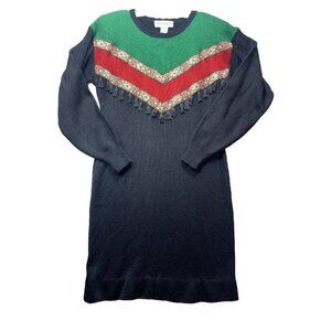 Vtg Betsy Lauren Sz L Tight Knit Sweater Dress Black Red Green Accent Tassels